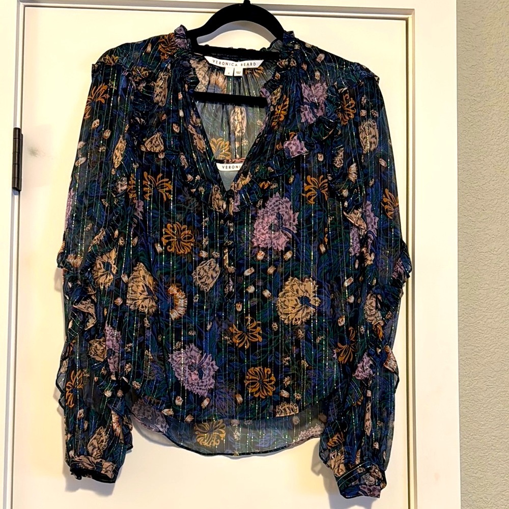 Veronica Beard Multicolored Long Sleeve Blouse with Pleated and Ruffled Details